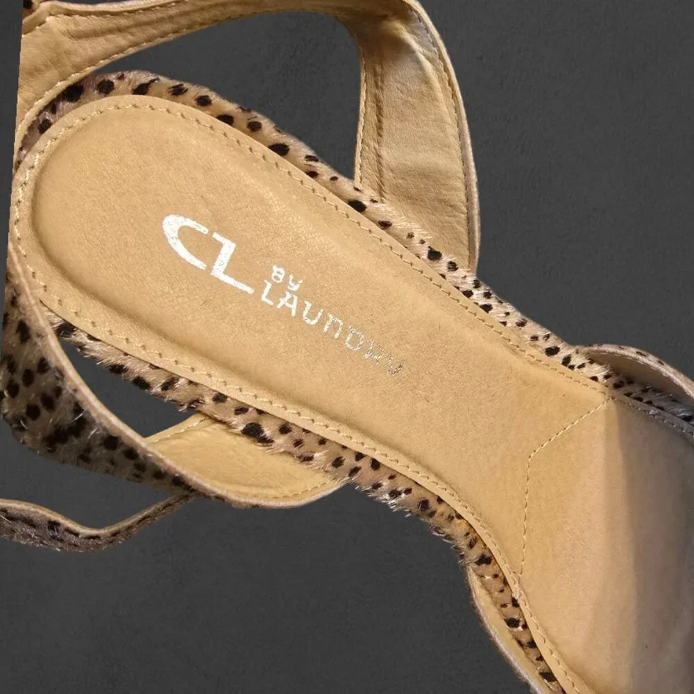 Leopard Print Wedge Peep Toe CL by LAUNDRY Sandal sz 8.5/9